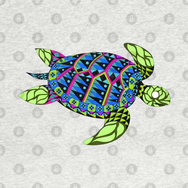 green radioactive turtle in ecopop mutant pattern from the floral caribbean art by jorge_lebeau